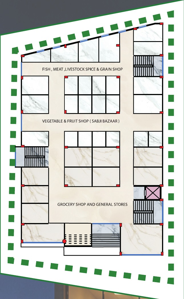 Brochure semi-basement layout illustrating food, produce and grocery retail zones